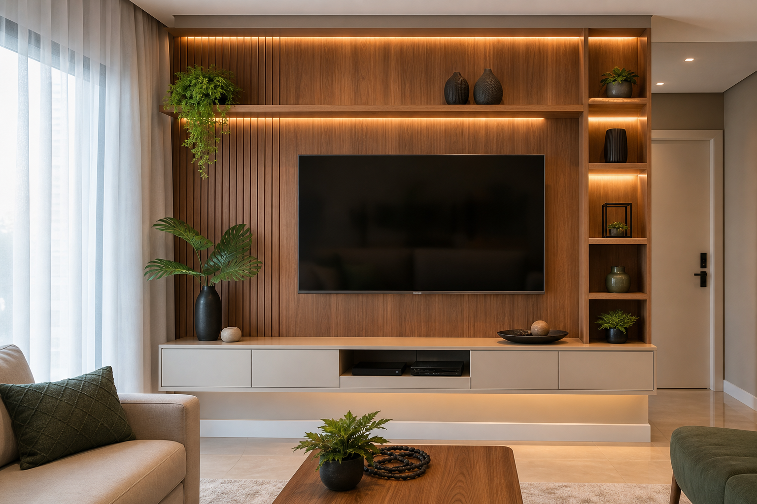 Sala com painel de TV sob medida, rack suspenso e nichos